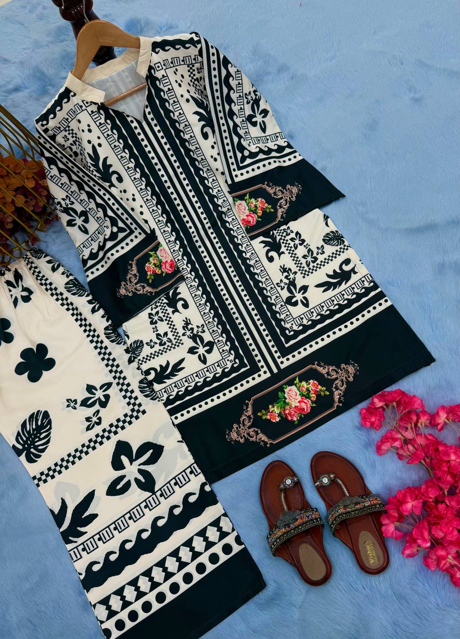 Black & White Stylish Pure Natural Crepe Digital Print Co-Ord Set Top & Plazzo Fully Stitched ClothsVilla