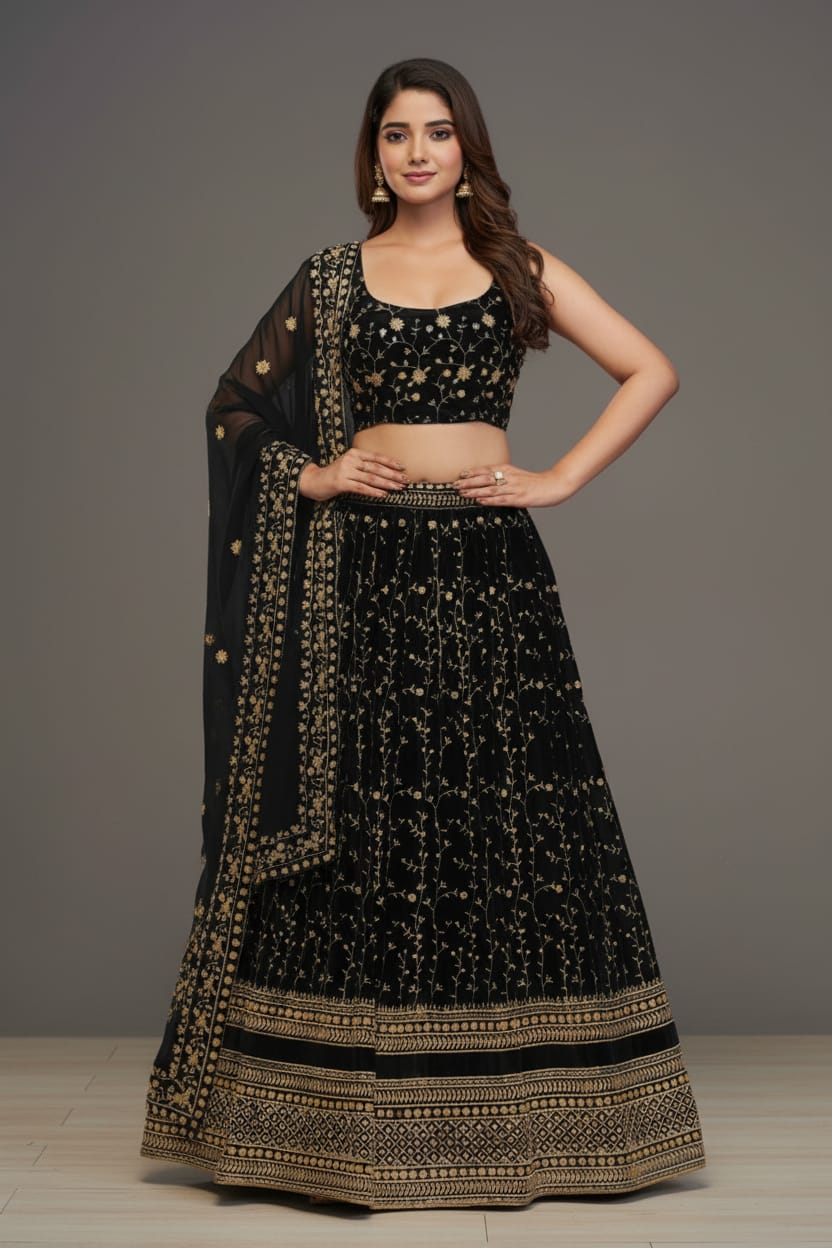 Black Zari Embroidered Lehenga Set Main image