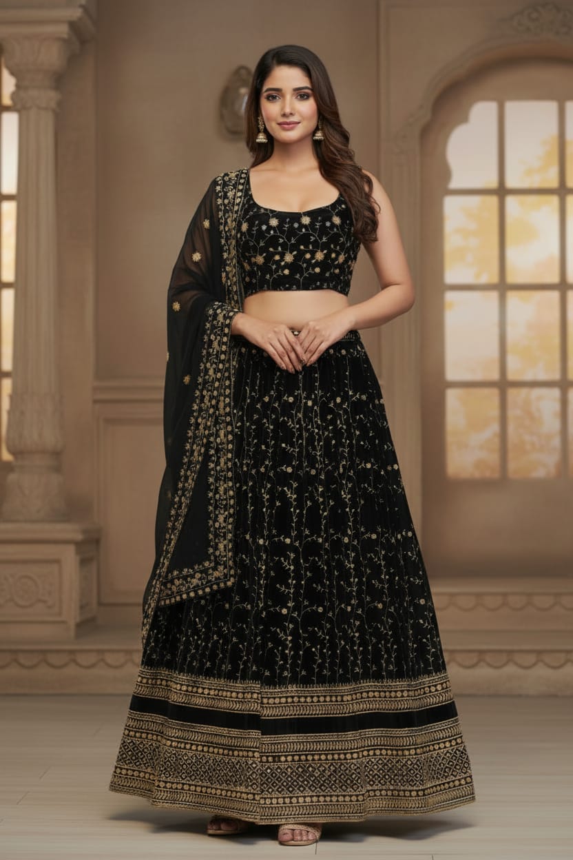 Black Zari Embroidered Lehenga Set Secondary image