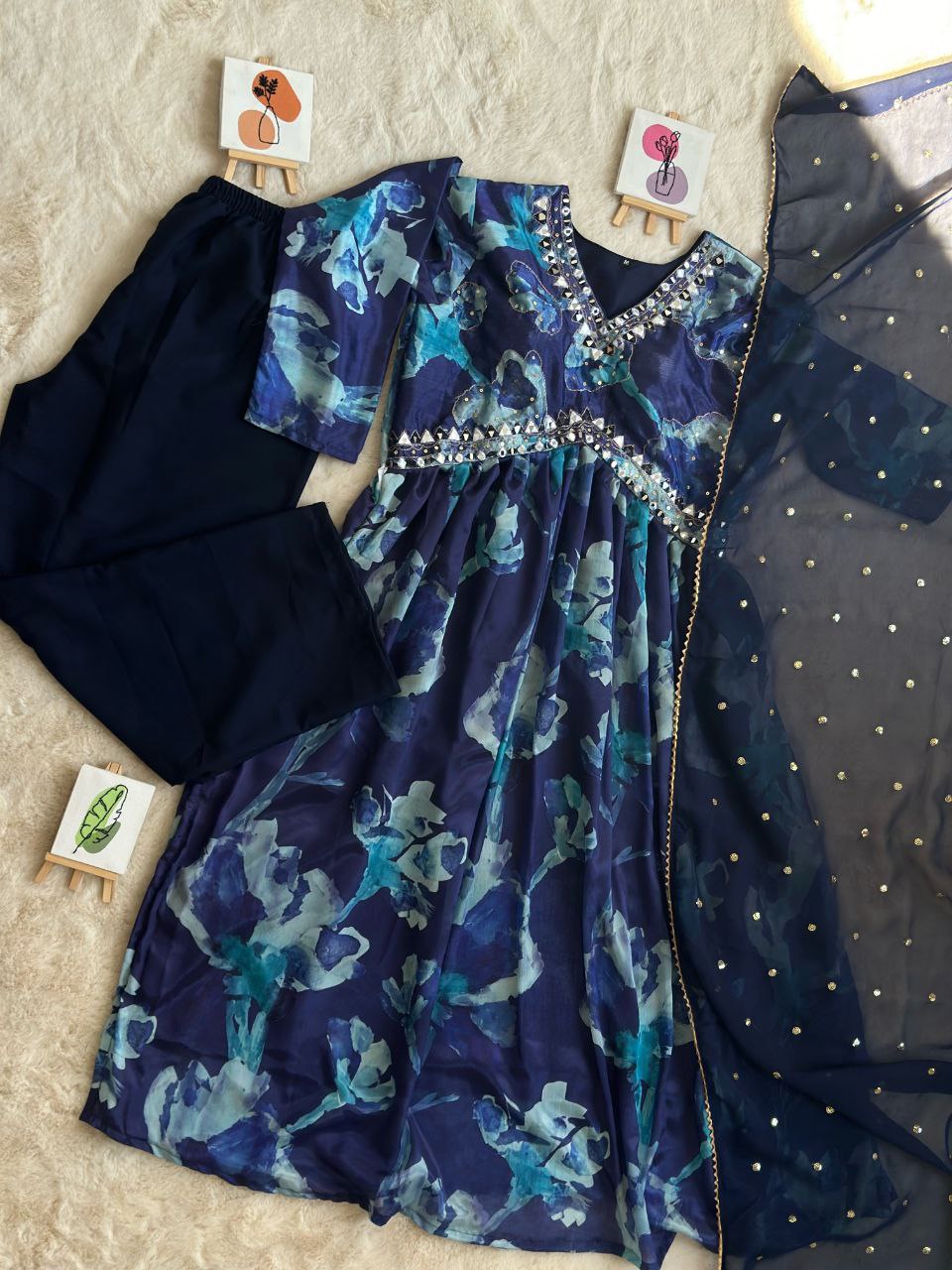 Blue Alia Side Cut-3 Pic Suit Set Elegance with a Modern Twist ClothsVilla.com