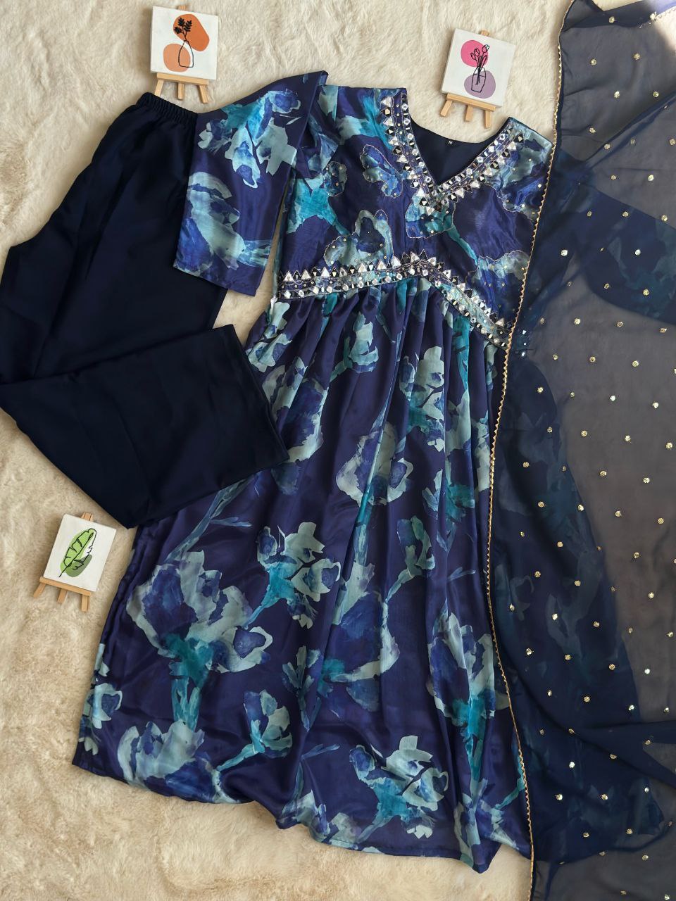 Blue Alia Side Cut-3 Pic Suit Set Elegance with a Modern Twist ClothsVilla.com