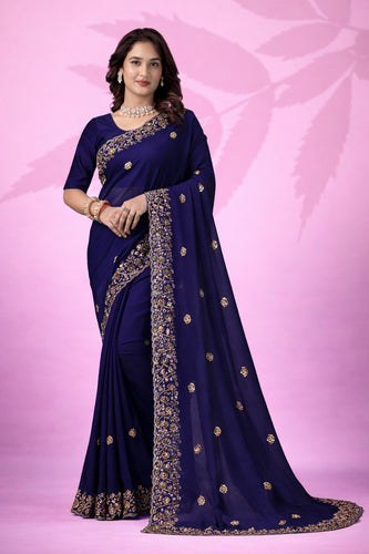 Blue Art Silk Saree with Sequins Work ClothsVilla