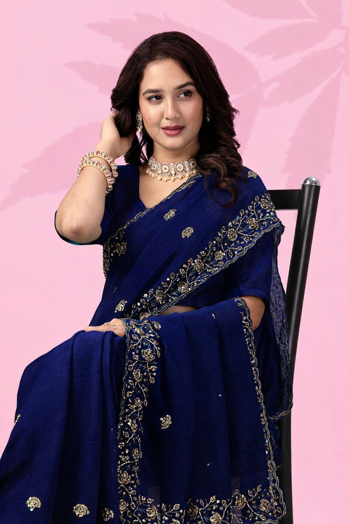 Blue Art Silk Saree with Sequins Work ClothsVilla