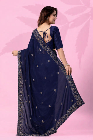 Blue Art Silk Saree with Sequins Work ClothsVilla