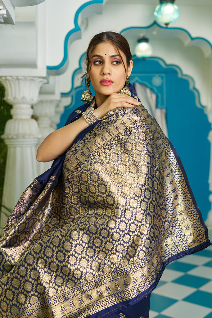 Blue Banarasi Silk Saree With Smashing Blouse Piece ClothsVilla