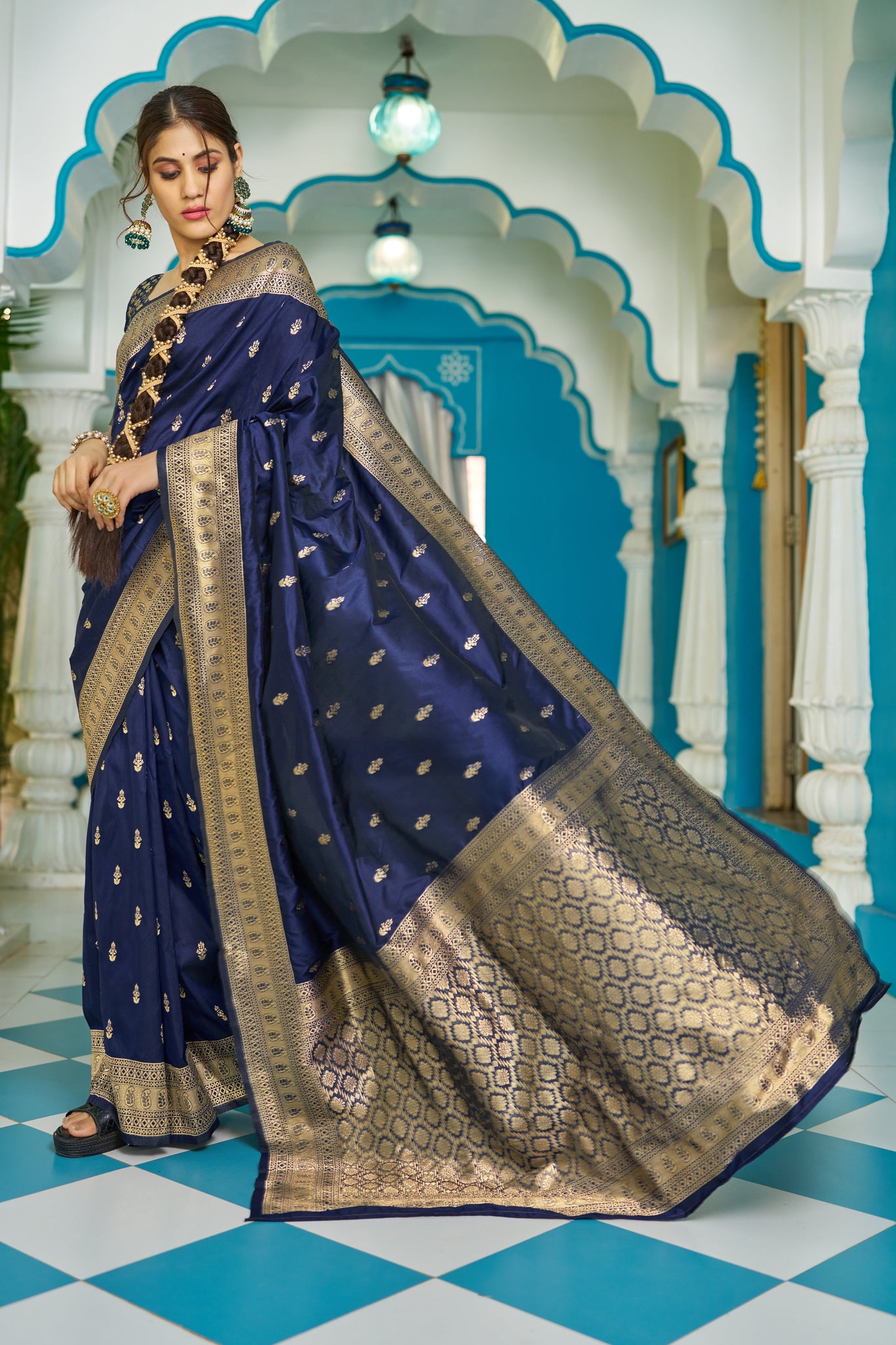 Blue Embroidered Banarasi Silk Blend Saree With Unstitched Blouse Piece main image 1