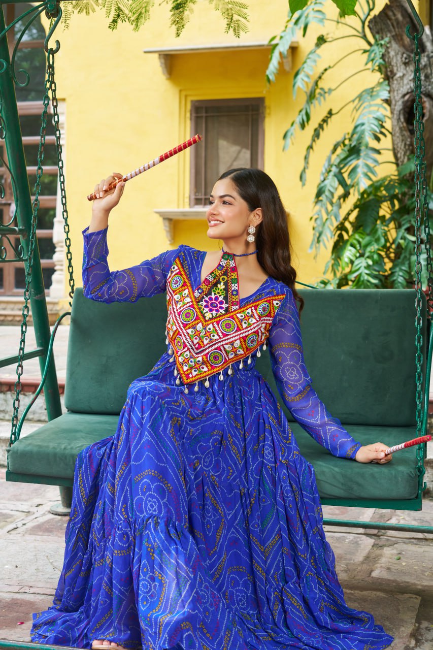 Blue Bandhani Print Faux Georgette Gown with Kutchi Patchwork – Full Sleeves, 9 Meter Flair, Cotton Lining ClothsVilla