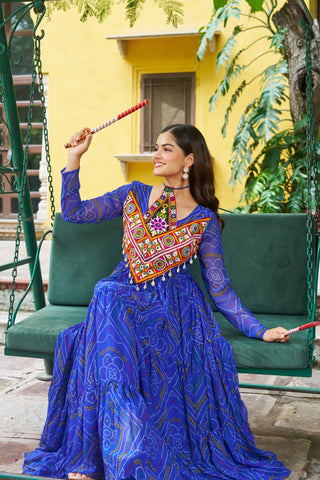 Blue Bandhani Print Faux Georgette Gown with Kutchi Patchwork – Full Sleeves, 9 Meter Flair, Cotton Lining ClothsVilla