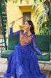 Load image into Gallery viewer, Blue Bandhani Print Faux Georgette Gown with Kutchi Patchwork – Full Sleeves, 9 Meter Flair, Cotton Lining ClothsVilla