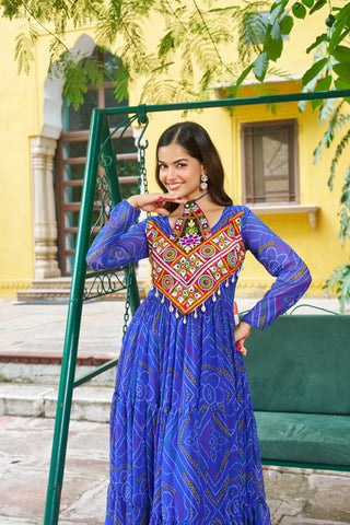 Blue Bandhani Print Faux Georgette Gown with Kutchi Patchwork – Full Sleeves, 9 Meter Flair, Cotton Lining ClothsVilla