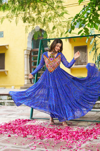 Blue Bandhani Print Faux Georgette Gown with Kutchi Patchwork – Full Sleeves, 9 Meter Flair, Cotton Lining ClothsVilla