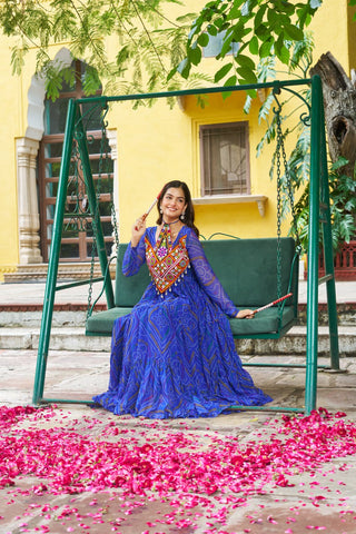 Blue Bandhani Print Faux Georgette Gown with Kutchi Patchwork – Full Sleeves, 9 Meter Flair, Cotton Lining ClothsVilla