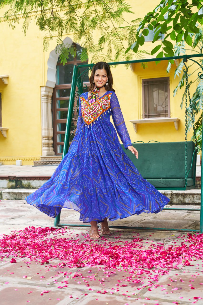 Blue Bandhani Print Faux Georgette Gown with Kutchi Patchwork – Full Sleeves, 9 Meter Flair, Cotton Lining ClothsVilla