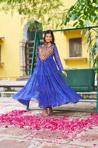 Blue Bandhani Print Faux Georgette Gown with Kutchi Patchwork – Full Sleeves, 9 Meter Flair, Cotton Lining ClothsVilla