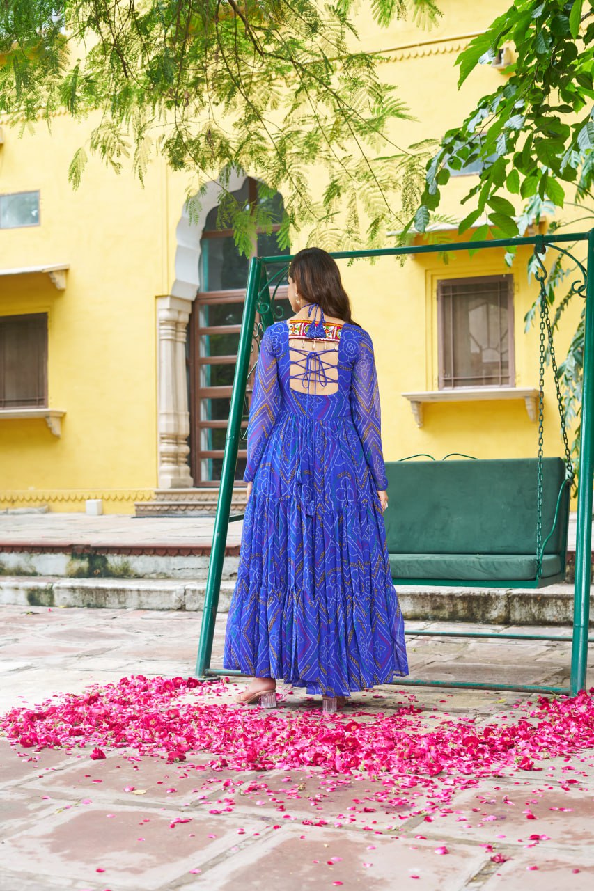 Blue Bandhani Print Faux Georgette Gown with Kutchi Patchwork – Full Sleeves, 9 Meter Flair, Cotton Lining ClothsVilla