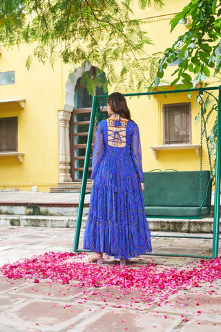 Blue Bandhani Print Faux Georgette Gown with Kutchi Patchwork – Full Sleeves, 9 Meter Flair, Cotton Lining ClothsVilla