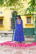 Load image into Gallery viewer, Blue Bandhani Print Faux Georgette Gown with Kutchi Patchwork – Full Sleeves, 9 Meter Flair, Cotton Lining ClothsVilla