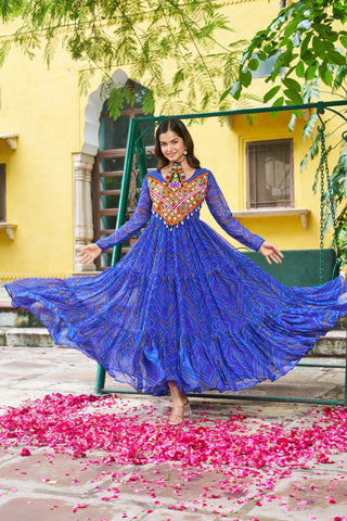 Blue Bandhani Print Faux Georgette Gown with Kutchi Patchwork – Full Sleeves, 9 Meter Flair, Cotton Lining ClothsVilla