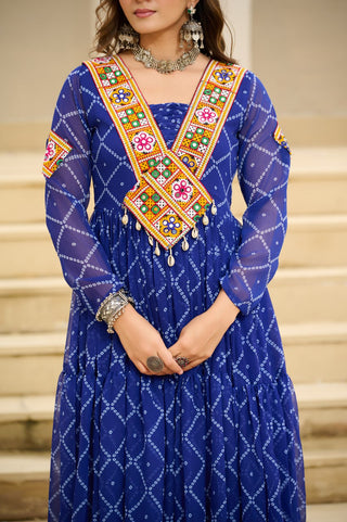 Blue Bandhani Print Faux Georgette Gown with Kutchi Patchwork ClothsVilla