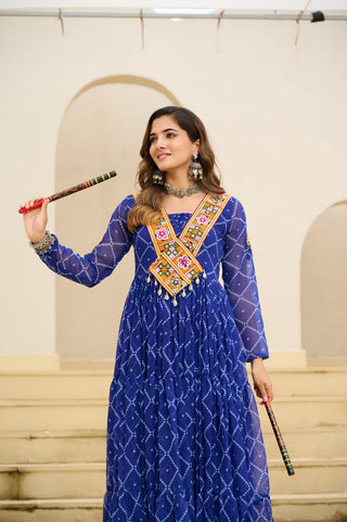 Blue Bandhani Print Faux Georgette Gown with Kutchi Patchwork ClothsVilla