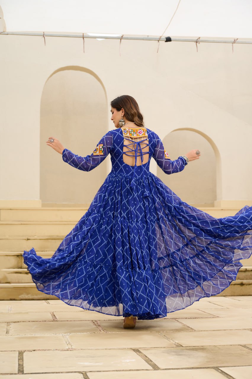 Blue Bandhani Print Faux Georgette Gown with Kutchi Patchwork ClothsVilla