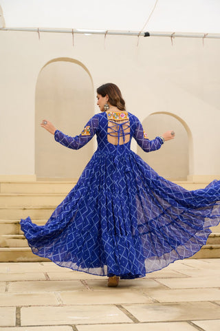 Blue Bandhani Print Faux Georgette Gown with Kutchi Patchwork ClothsVilla