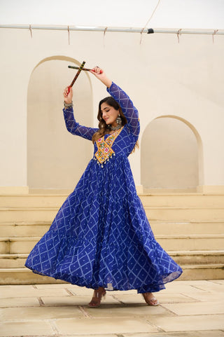 Blue Bandhani Print Faux Georgette Gown with Kutchi Patchwork ClothsVilla