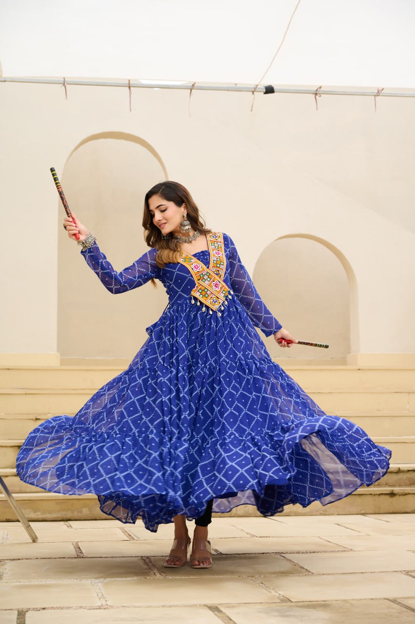 Blue Bandhani Print Faux Georgette Gown with Kutchi Patchwork ClothsVilla