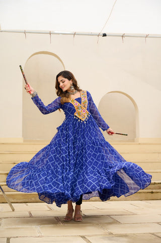 Blue Bandhani Print Faux Georgette Gown with Kutchi Patchwork ClothsVilla
