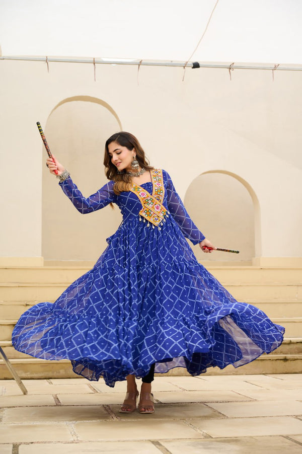 Blue Bandhani Print Faux Georgette Gown with Kutchi Patchwork ClothsVilla