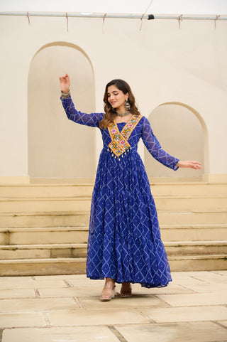 Blue Bandhani Print Faux Georgette Gown with Kutchi Patchwork ClothsVilla