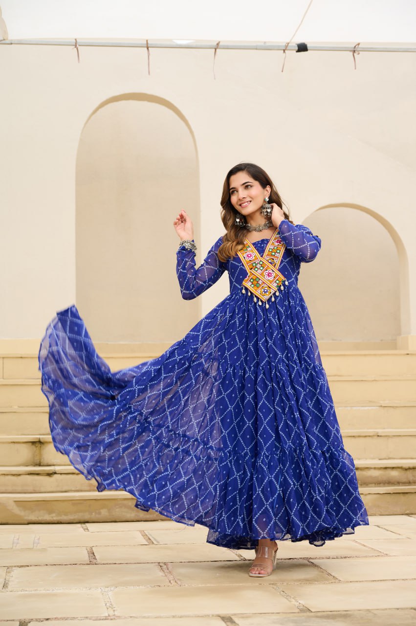 Blue Bandhani Print Faux Georgette Gown with Kutchi Patchwork ClothsVilla