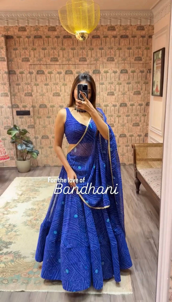 Navratri Special Blue Bandhani Print Faux Georgette Lehenga Choli Set with Dupatta – Festive Wear ClothsVilla
