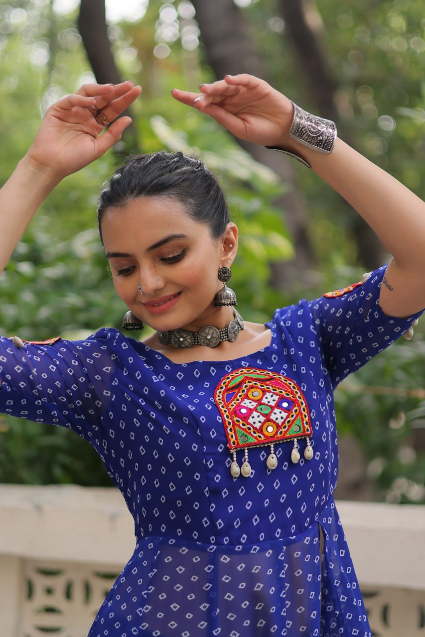 Blue Bandhani Print Kurti with Kutchi Patchwork Detailing ClothsVilla