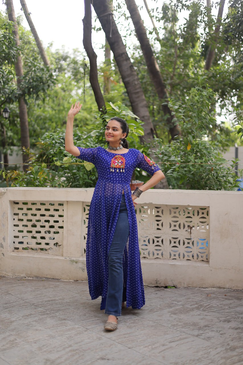 Blue Bandhani Print Kurti with Kutchi Patchwork Detailing ClothsVilla