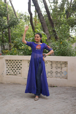 Blue Bandhani Print Kurti with Kutchi Patchwork Detailing ClothsVilla