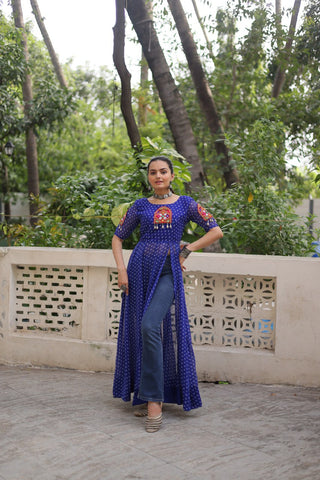 Blue Bandhani Print Kurti with Kutchi Patchwork Detailing ClothsVilla