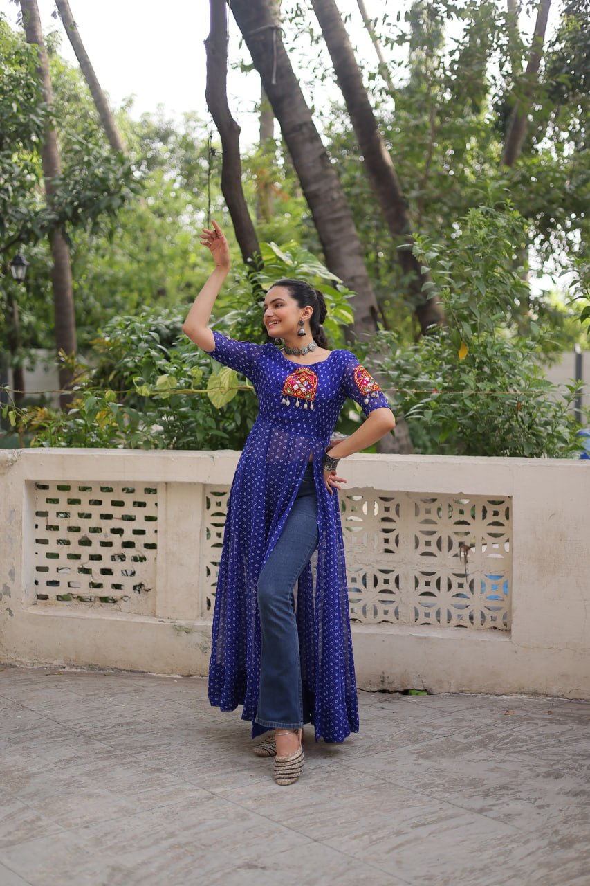 Blue Bandhani Print Kurti with Kutchi Patchwork Detailing ClothsVilla