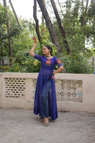 Blue Bandhani Print Kurti with Kutchi Patchwork Detailing ClothsVilla