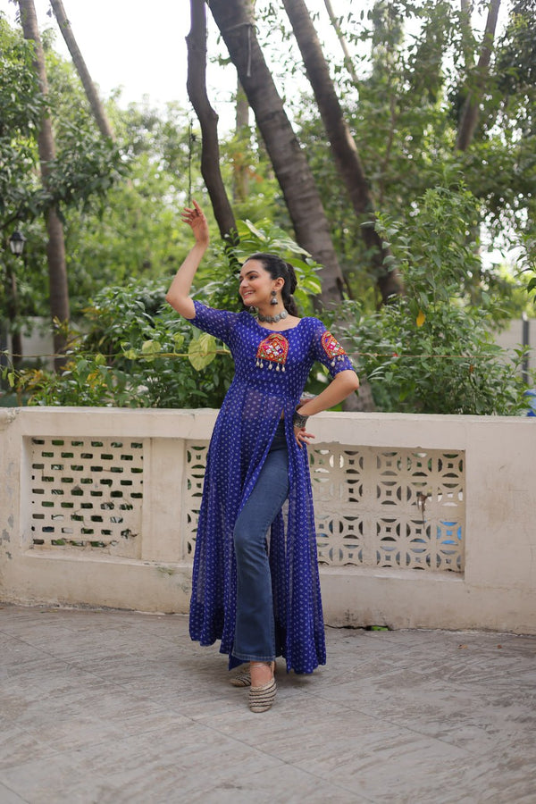 Blue Bandhani Print Kurti with Kutchi Patchwork Detailing ClothsVilla