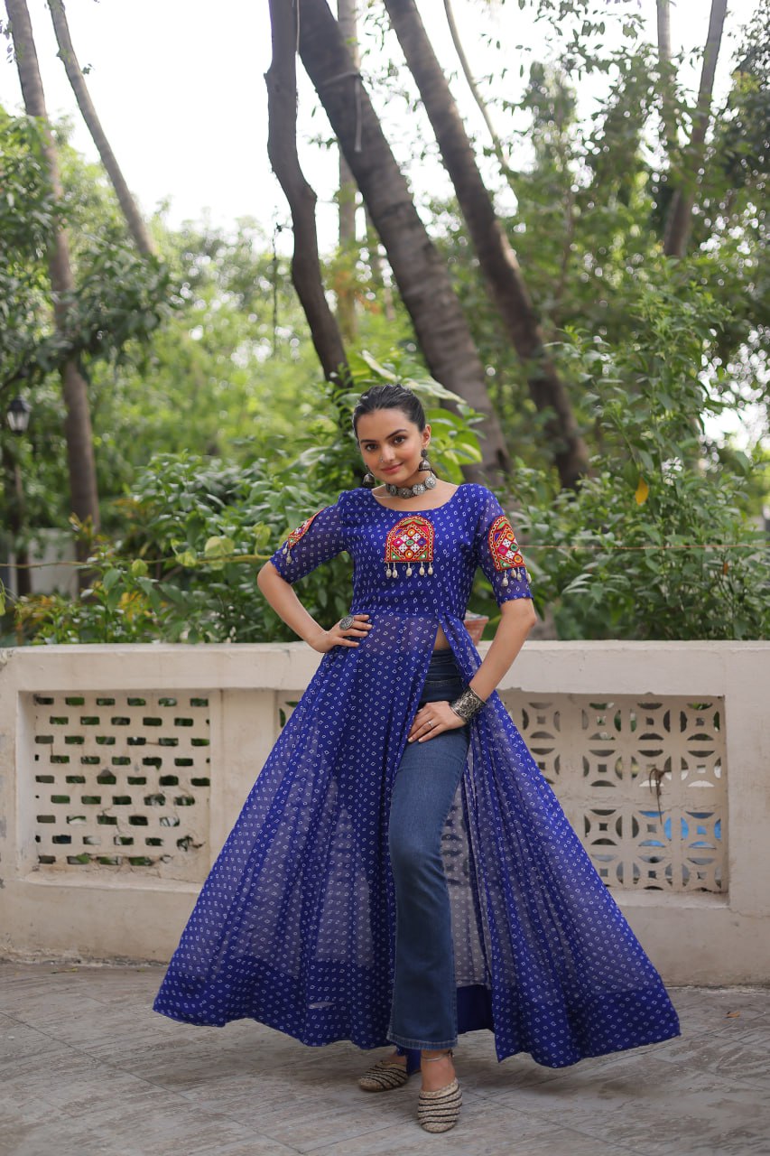 Blue Bandhani Print Kurti with Kutchi Patchwork Detailing ClothsVilla