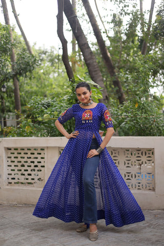 Blue Bandhani Print Kurti with Kutchi Patchwork Detailing ClothsVilla