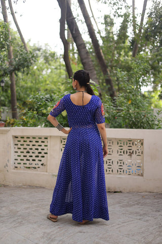 Blue Bandhani Print Kurti with Kutchi Patchwork Detailing ClothsVilla