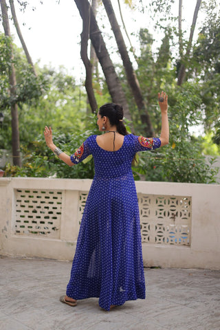 Blue Bandhani Print Kurti with Kutchi Patchwork Detailing ClothsVilla