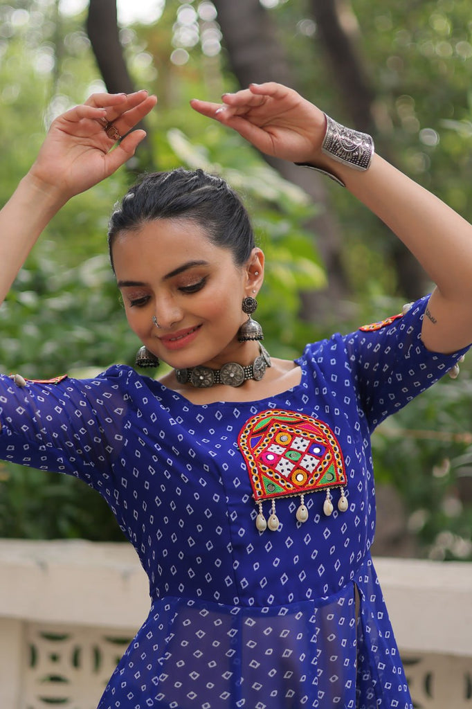 Blue Bandhani Print Kurti with Kutchi Patchwork Detailing ClothsVilla