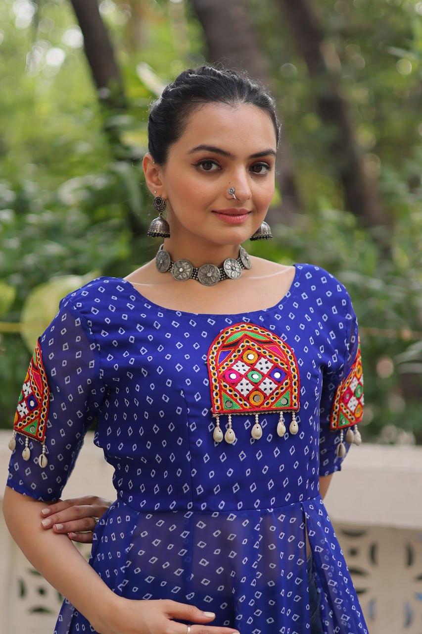 Blue Bandhani Print Kurti with Kutchi Patchwork Detailing ClothsVilla
