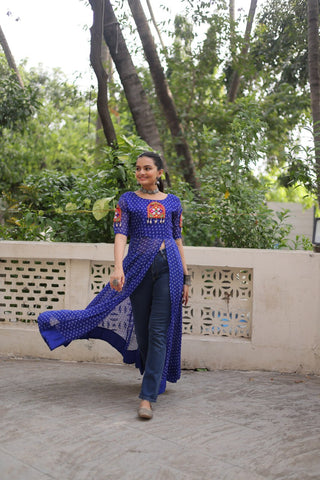 Blue Bandhani Print Kurti with Kutchi Patchwork Detailing ClothsVilla