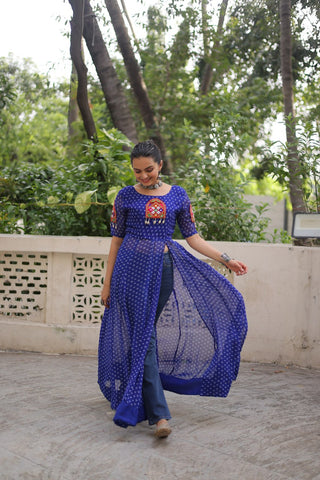 Blue Bandhani Print Kurti with Kutchi Patchwork Detailing ClothsVilla