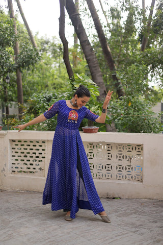 Blue Bandhani Print Kurti with Kutchi Patchwork Detailing ClothsVilla