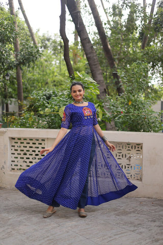 Blue Bandhani Print Kurti with Kutchi Patchwork Detailing ClothsVilla